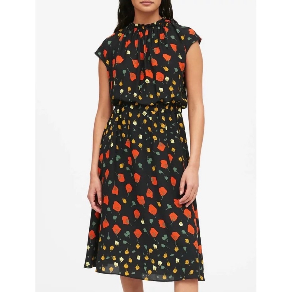 Banana Republic 12 High Neck Midi Dress Black Red Yellow Floral Spring Classic